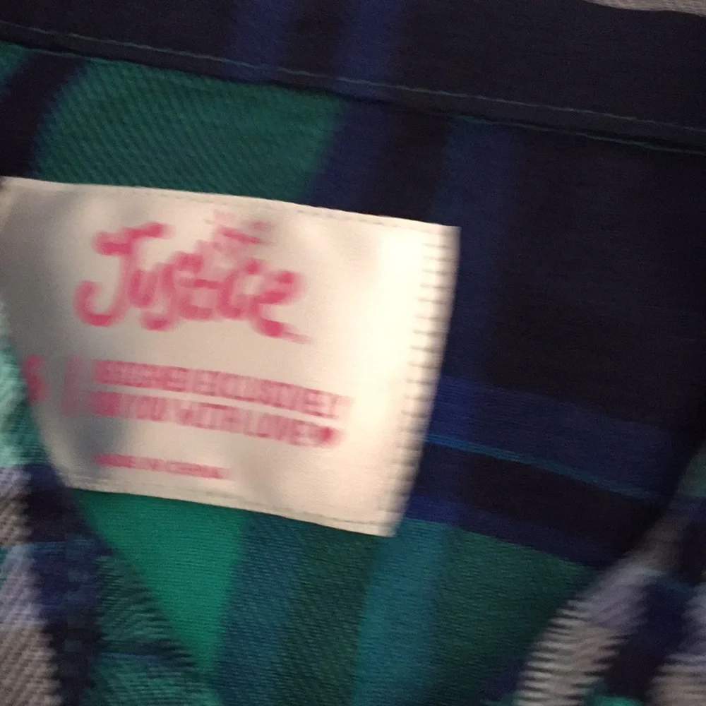 Justice long sleeve plaid green and blue shirt size 6